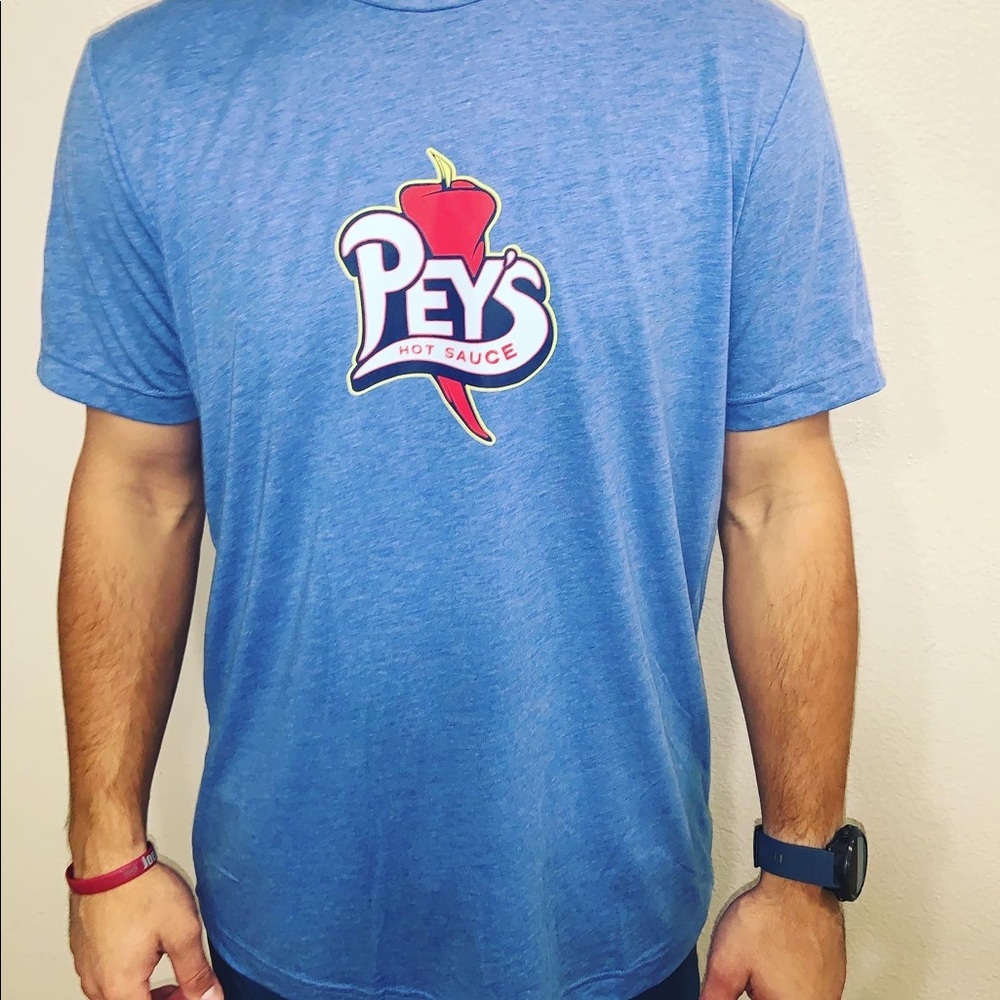 Heather Blue Tri Blend ‘Pey’s Hot Sauce’ shirt